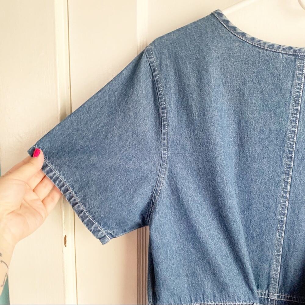 VTG Cottagecore Denim Maxi Dress 1980s White Flower Buttons Oversized Prairie S - Picture 10 of 14